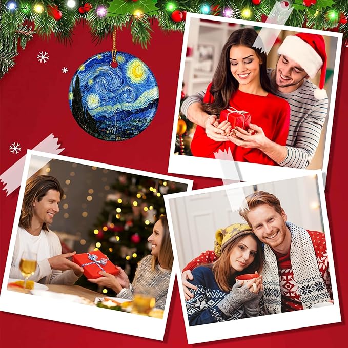 Starry Night Style Ceramic Christmas Ornaments – Artistic Blue Holiday Decor for Tree, Famous Painting Inspired Art Ornament, Elegant Artist Gift