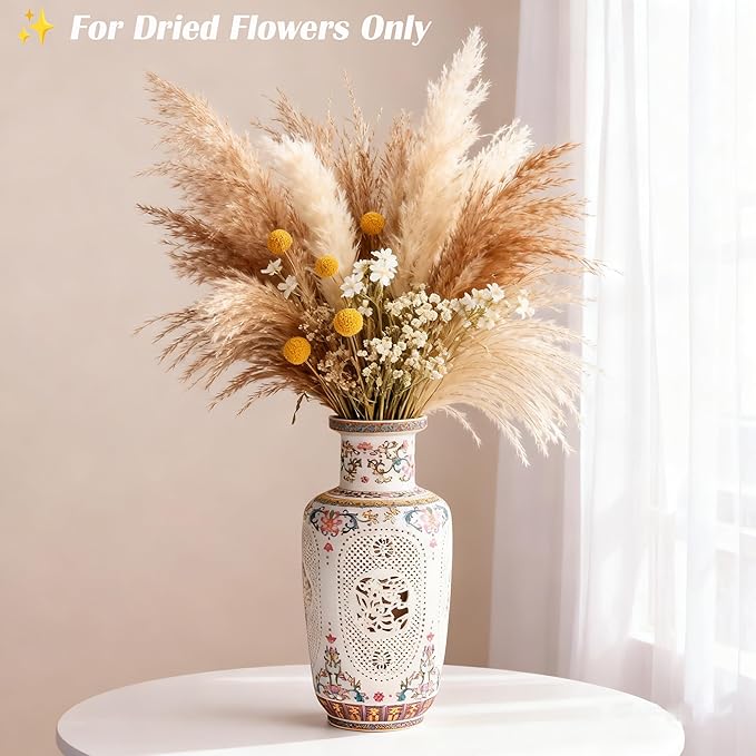 Flower Vase - 11.42 Inch Hollow Out Ceramic Vase, Vintage Chinese Style Home Decor, Handcrafted Patel White Porcelain Centerpiece for Living Room Table Shelf (Pastel A)