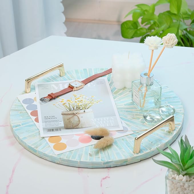 PEMAR Mother of Pearl Decorative Tray, 13"" Round with Gold Metal Handles, Vanity/Perfume/Trinket Tray, Catchall for Dresser, Bathroom, Vanity Table (Teal Sunlight), PM24-PM15