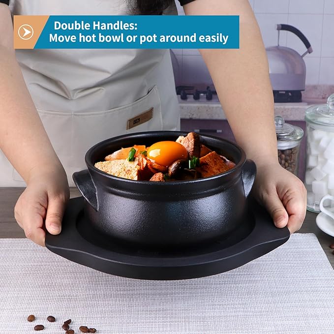 Stone Bowl Trivet, 8.5" Melamine Skillet Underliner, Dolsot Tray with Handles for Korean Ceramic Bowl, Casserole, Hot Pot, Steak Grill Plate, Sizzler Pan (Black)