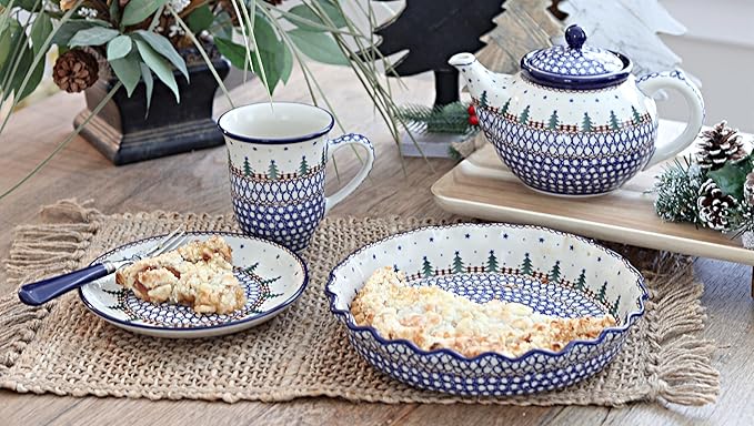 Blue Rose Polish Pottery - Blue Rustic Pines Medium Teapot - 4 Cup Capacity - Ceramic Holiday Teapot, Festive Christmas Design for Serving Tea, Coffee or Hot Cocoa