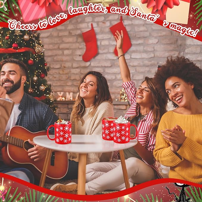 Sliner 2 Sets Red Christmas Snowflake Mugs 11 oz Winter Ceramic Coffee Cups Gift Holiday Ceramic Tea Cup Xmas Birthday Gifts for Men Women