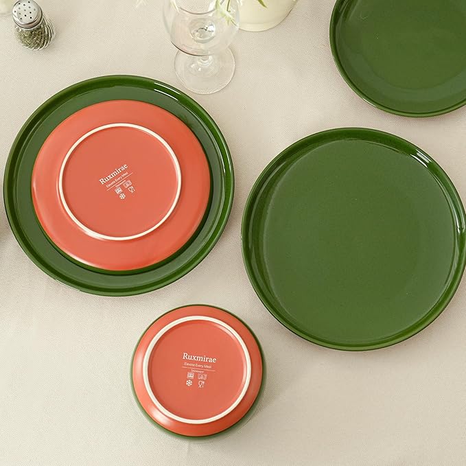 12 Piece Dinnerware Set, Dual Glaze Stoneware Plates and Bowls Sets, Modern Dinner Plate, Salad Plate, Cereal Bowl, Dish Set for 4, Microwave and Dishwasher Safe, Forest Glaze Green