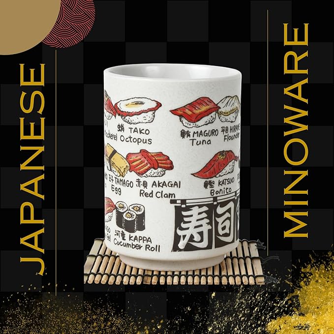 Japanese Tea Cups Sushi-Yunomi Mino Ware With Bamboo Coaster (Set of 2) (Sushi Chef)