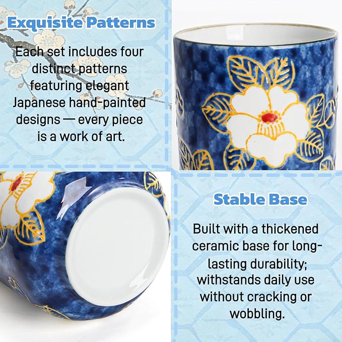 Set of 4 Japanese Tea Cups, 10 Oz Ceramic Handleless Coffee Mugs, Compact Ceramic Tea Cup Floral Pattern for Tea Matcha Latte Juice Gifts, Microwave Dishwasher Safe