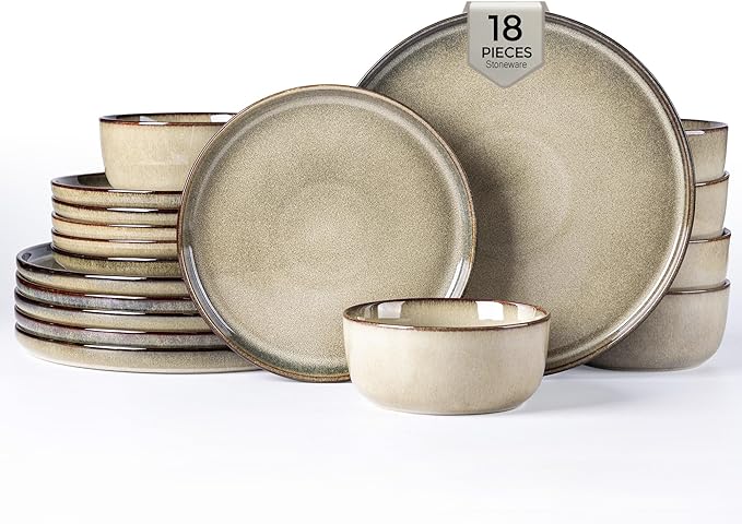 GBHOME Dinnerware Sets for 6, 18 Pieces Stoneware Plates and Bowls Sets, Scratch Resistant Dishes, Dishwasher & Microwave Safe, Reactive Glaze