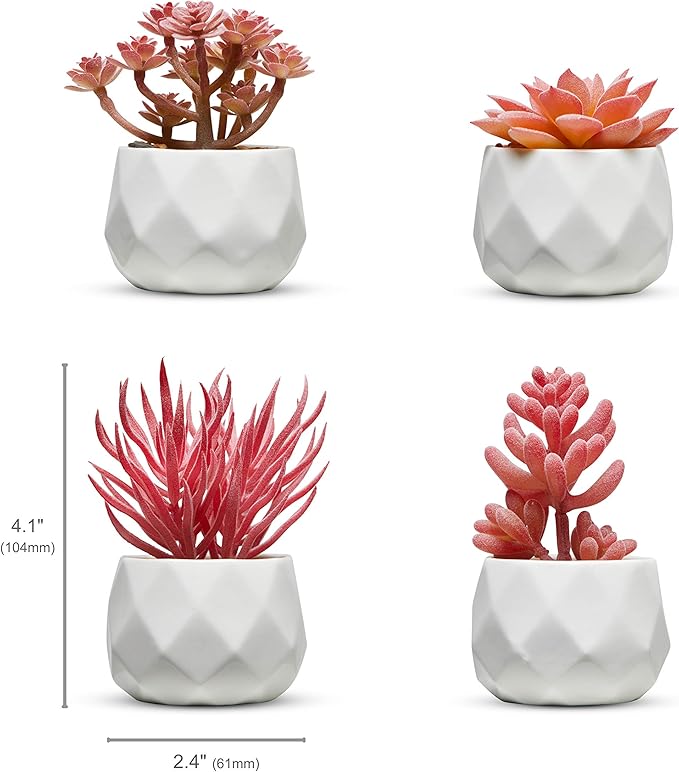 Nordik Set of 4 Desk Plants - Office Decor for Women Desk, Indoor, Living Room, Bedroom, Home and Desk Decor – Pink Faux Succulents in white Geometric Ceramic Planters