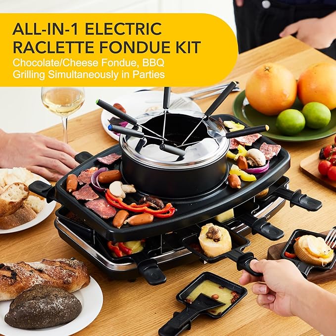 Electric Raclette BBQ Grill with Fondue Pot Sets, Portable Korean Table Grill Electric Indoor Cheese Raclette, Dual Adjustable Thermostats, 8 People Serve Perfect for Parties and Family Fun