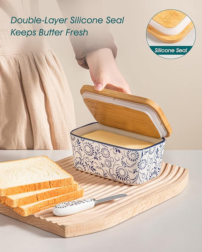 vancasso SELENE Butter Dish with Lid, 6.5" Large Butter Dish for Countertop, Ceramic Butter Keeper Container with Knife and Bamboo Lid, Floral Bloom Pattern