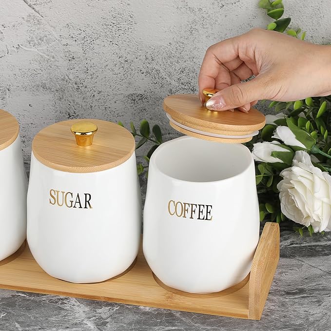 JUXYES Set of 3 Ceramic Canisters Set for Sugar Coffee Tea With Handle Tray, Luxurious Storage Containers Sets with Lids Decorative Storage Pots White Ceramic Storage Jar for Kitchen Dining Room