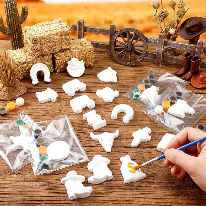 Simgoing 20 Set Cowboy Ceramics to Paint Ready to Paint Your Own Ceramic Cowboy DIY Western Paintable Statues Craft with Brush Palette for Adult Western Table Centerpieces Decorations