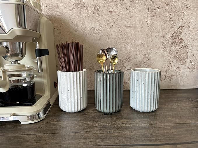 Stoneware Coffee Bar Utensil Holder Tea & Coffee Spoon & Stirrer Holder for Stir Stick Straw Teaspoon Holder Spoon Cup Small Utensil Jar Fluted Vertical Stripe (Retro Grey)
