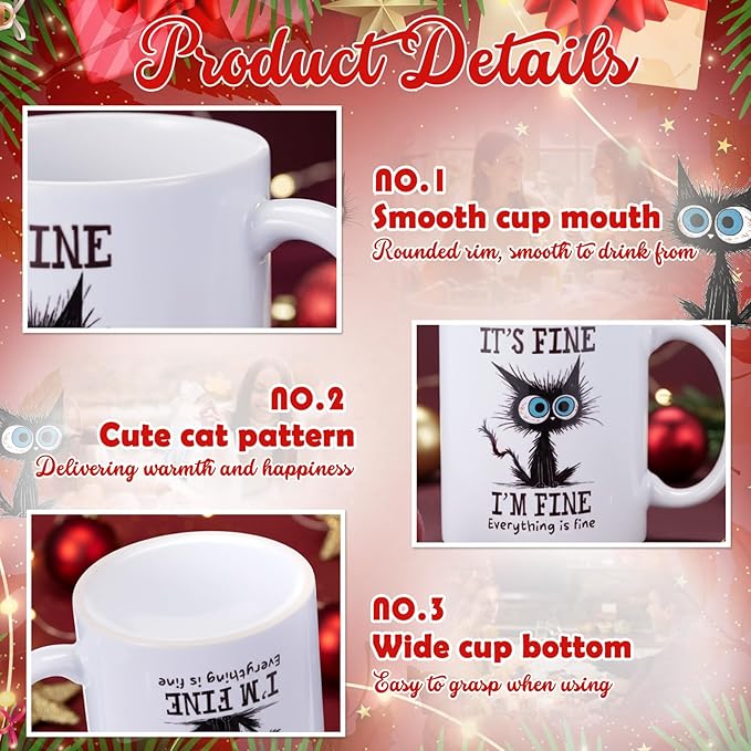 Sliner 2 Set It's Fine I'm Fine Mugs Black Cat Funny Gifts Coffee Cup 11 oz Ceramic Cute Tea Cup Holiday Birthday Gifts for Men Women Cat Lovers Colleague Coworker