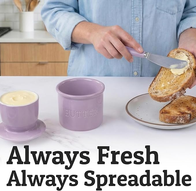 PriorityChef Butter Crock with Lid with Water Line, Ceramic French Butter Dish to Leave On Counter, Lilac