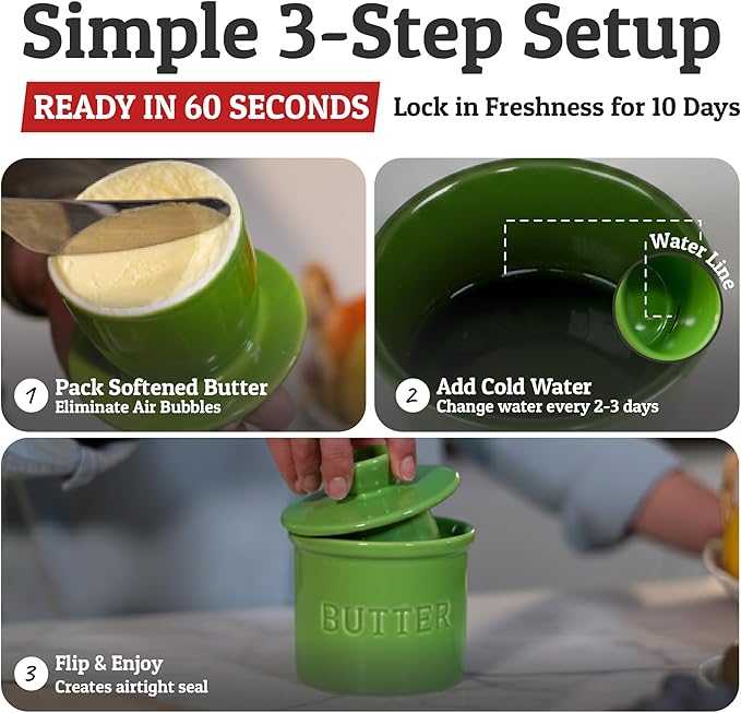 PriorityChef Butter Crock with Lid with Water Line, Ceramic French Butter Dish to Leave On Counter, Green