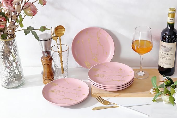 6-Piece Dinner Plate Set, 10-Inch PinkMarble Ceramic Plates with Gold Rim, Oven & Microwave Safe, Elegant Appetizer Salad Dessert Plates for Modern Dining, Dishwasher Safe.