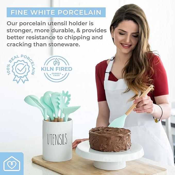 Heartland Home Kitchen Utensil Holder for Countertop. White Porcelain Cooking Large Spatula Holder and Cooking Spoon Holder. White Kitchen Decor and Farmhouse Gifts.