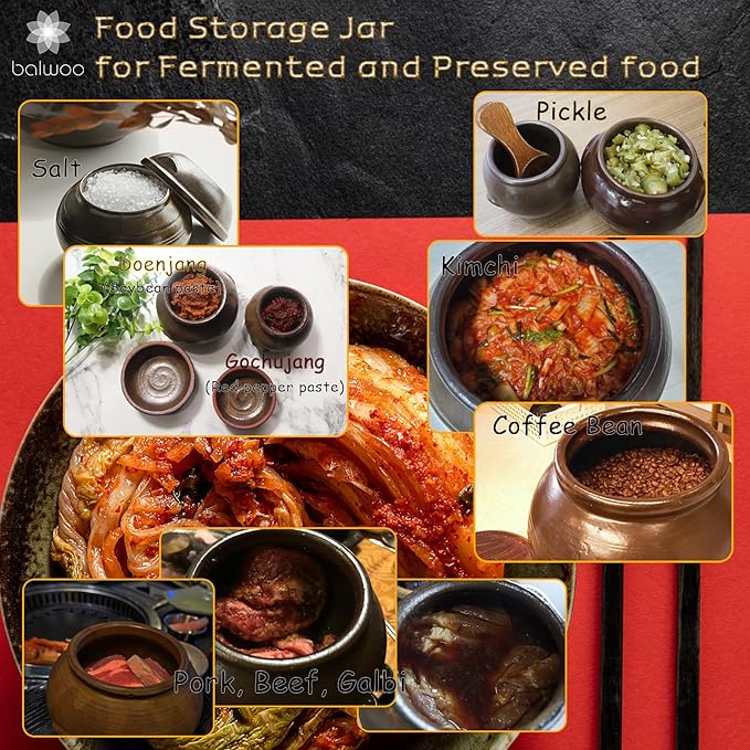 Earthenware Onggi Korean Traditional Clay Jar Ceramic Canister/Handmade Food Sauce Storage Container for Tea, Coffee Bean, Salt/Breathing Clay Pot Kimchi Fermentation Crock (No.4(H13cm))