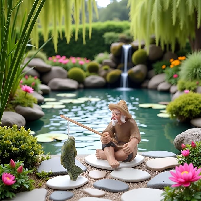 Miniature Fisherman Figurines,Fishing Old Man Ornament Chinese Mudman Sitting Garden Statue Ornament, Outdoor Statues, Garden Sculptures and Statues, Outdoor Décor