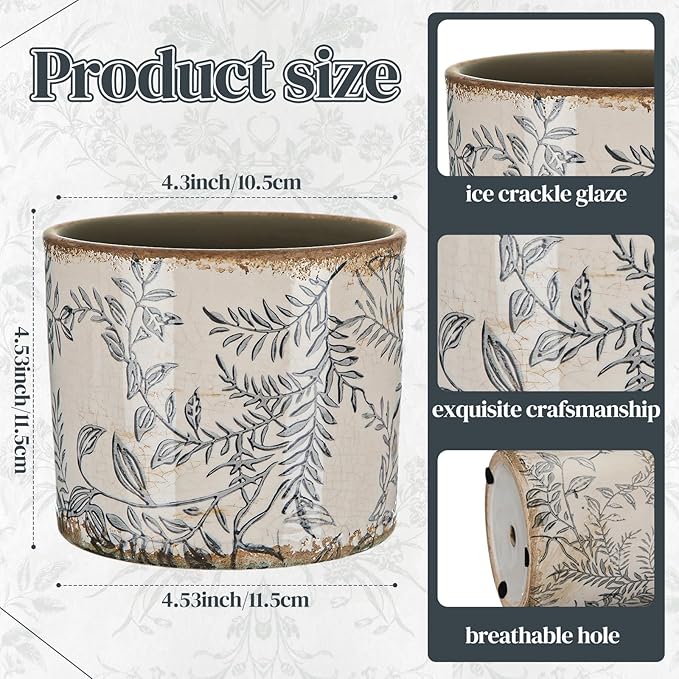 Indoor Ceramic Plant Pots with Drainage Hole 5 Inch Chinese Glaze Ice Crack Flower Pot Vintage Succulent Pots Porcelain Decorative Planter for Plants Herb Home Decor(Grey,Retro Style)