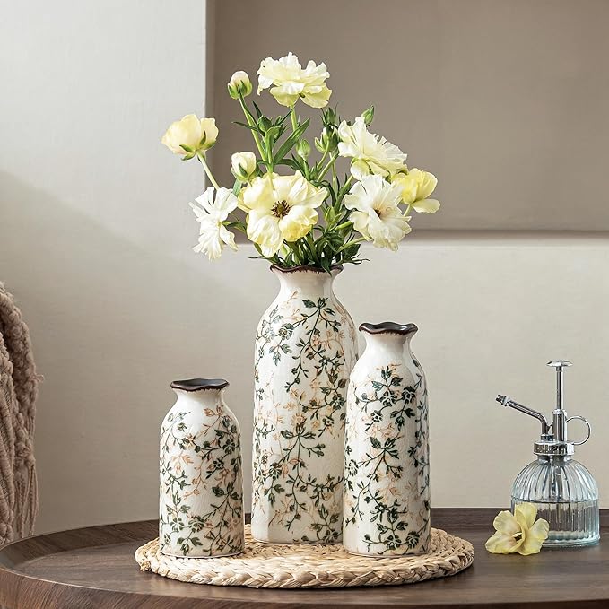 Ceramic Vase Set of 3, Vintage Green and Beige Vases Set, Flower Rustic Chinoiserie Vases Floral Grand Millennial Farmhouse Decor Vase for Home Decor, Living Room, Kitchen, Bedroom, Bookshelf
