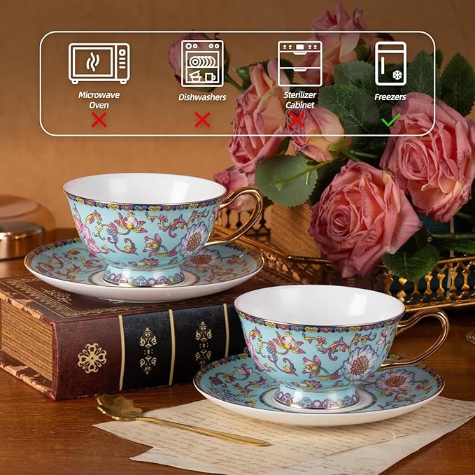 KAMMAK Tea Cups and Saucers Set of 2, Fine Bone China Coffee Cups, Stackable Espresso Mugs, Ceramic Demitasse for Coffee, Cappuccino, Latte, Americano, Tea, Full Bloom Blue