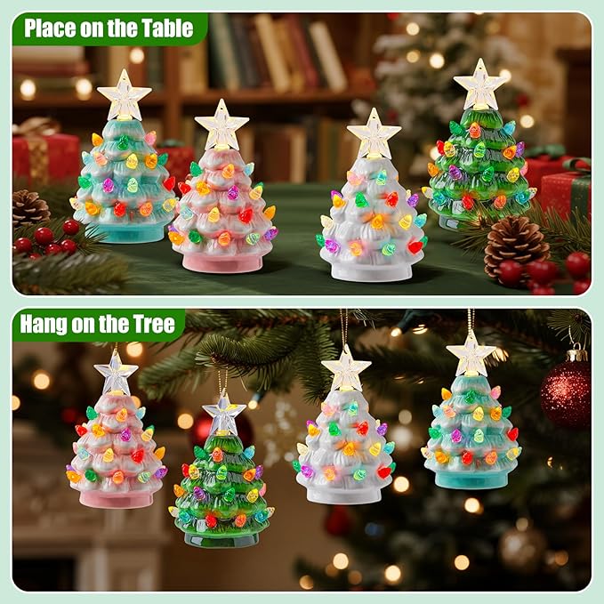 Brightown 4.3 Inch Mini Ceramic Christmas Tree Set - 4 Pack Tabletop Christmas Tree with Multicolored LED Lights, Battery Operated Small Lighted Tree for Home Office Table Holiday Decor, 4 Colors