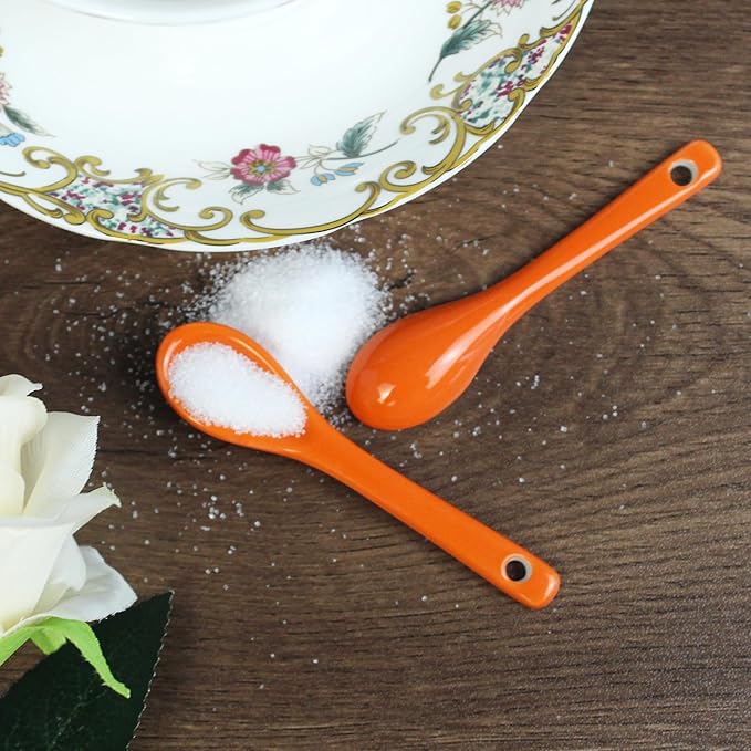 Mini Spoons for Spices, Ceramic Spoon 3.5 inch for Spice Jars, Espresso Spoons, Small Seasoning Spoon for Salt, Coffee, Sugar, Powder and Pepper (Orange spoon A set of 4)