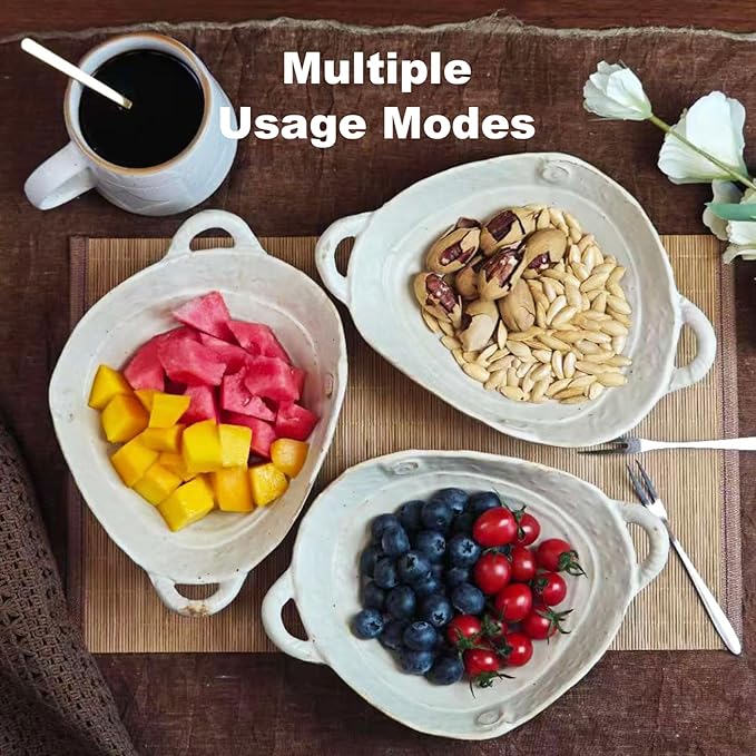 Retro Free-Form Edge Decorative Bowl Ceramic Fruit Bowl with Handle，Matte Farmhouse Cutlery Serving Bowls,Salad Bowl,Table Centerpiece Decor，Housewife/Handmade Gift Box