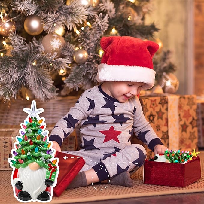 VCUTEKA Small Ceramic Christmas Tree Hand-Painted Vintage Tabletop Christmas Tree Holiday Decoration with Multi-Color Lights Green Gnome 11 inch