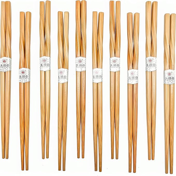 10 Pairs Bamboo Chopsticks Reusable, Twisted chopsticks Natural Wooden Chopsticks, 9.06 Inch/23cm Dishwasher Safe Lightweight by LANHUTHS