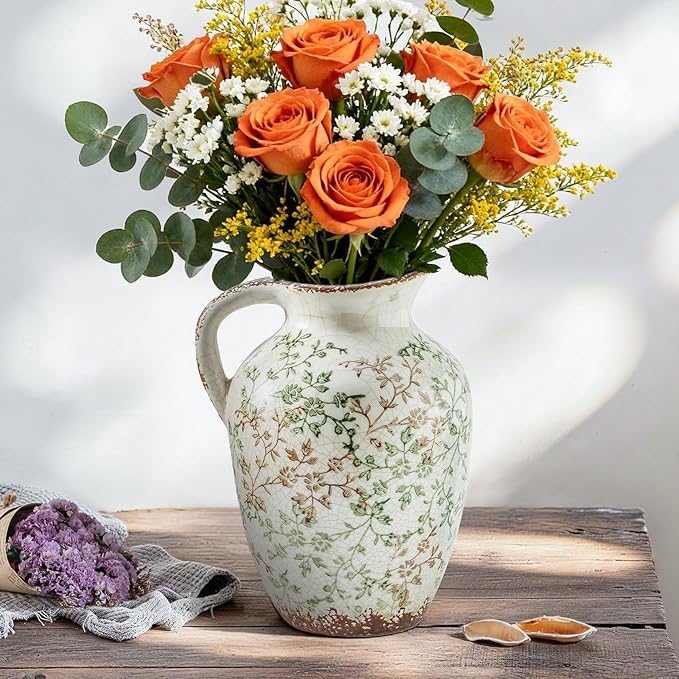 Enra Vintage Pitcher,Ceramic Chinoiserie Floral Vase,Green and Beige Decorative Flower vase,Large Rustic Vases for Home Decors, Living Room, Bookshelf, Office，9.7 inch