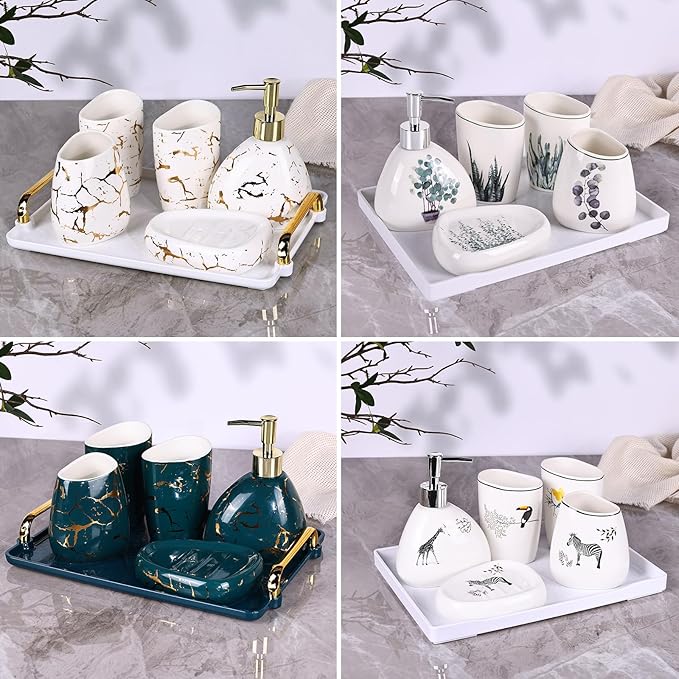White Bathroom Accessories Set,Modern Countertop Bathroom Decor,Luxury 6 Piece Bathroom Accessory Set,Complete with Soap Dispenser,Toothbrush Holder,Tumbler,Tray