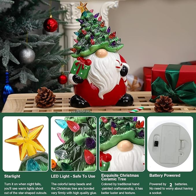 Garvee 13" Battery Powered Ceramic Santa Christmas Tree with 50 Colorful LED Lights, Vintage Tabletop Decor, Holiday Candy Jar for Home, Desk, Office & Gift