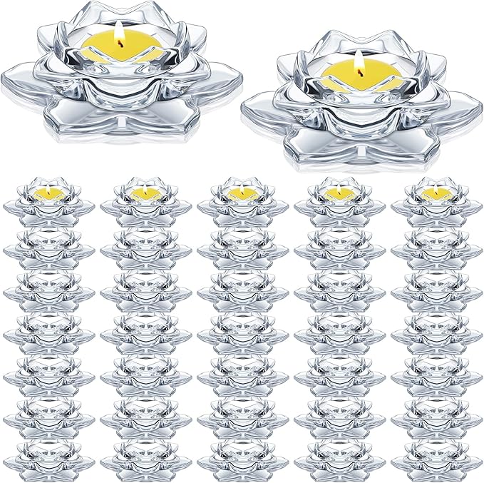 meekoo 48 Pcs Crystal Glass Lotus Candle Holders Lotus Crystal Tealight Candle Holders for Christmas Home Decor Wedding Party