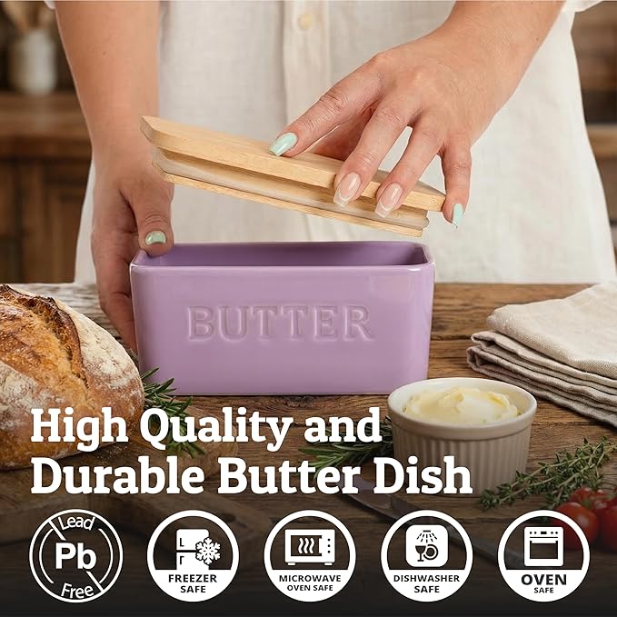 PriorityChef Extra Large Butter Dish with Lid for Countertop, Ceramic Butter Container With Airtight Cover, Butter Keeper for Counter or Fridge, Butter Holder Storage, Lacy Lilac