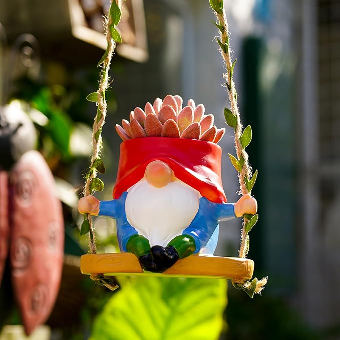 Swing Garden Gnome Hanging Planters for Indoor Plants, Cute Small Succulent Pots with Drainage Hole, Resin Plant Hangers Outdoor, Hanging Plant Holder for String Of Pearls, Gift Ideas for Mother