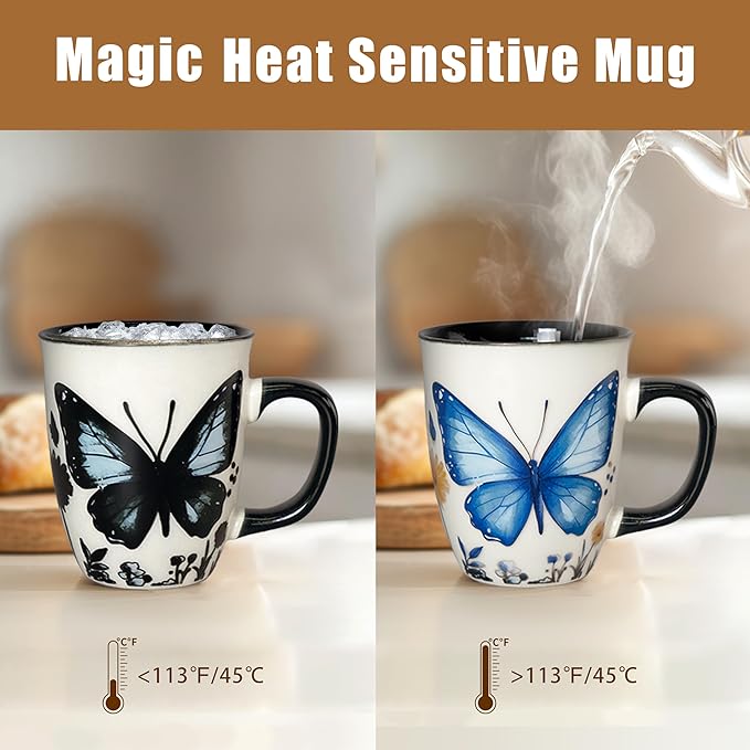 16 oz Butterfly Mug - Color Changing Ceramic Tea Cup for Women - Heat Sensitive Novelty Gift for Butterfly Lovers