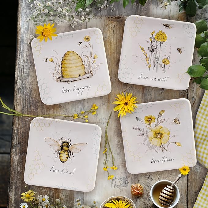Bee Sweet 6" Canapé & Luncheon Plates, Set of 4 – Assorted Bee & Floral Designs with Uplifting Sayings, Durable Ceramic Appetizer Plates for Spring Entertaining & Cottagecore Décor