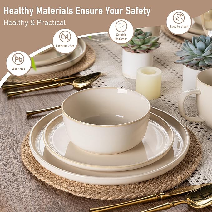 GBHOME Ceramic Dinnerware Sets for 8, 24 Pieces Stoneware Plates and Bowls Sets, Scratch Resistant Dishes, Dishwasher & Microwave Safe, Reactive Glaze-Vanilla color