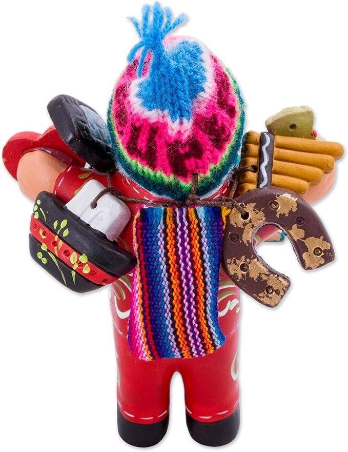 NOVICA Artisan Handmade Ceramic Figurine Ekeko Sculpture with Wool Cap from Peru Red People Portraits Floral [6in H x 4.3in W x 2.8in D] ' Ekeko of Abundance in Red'