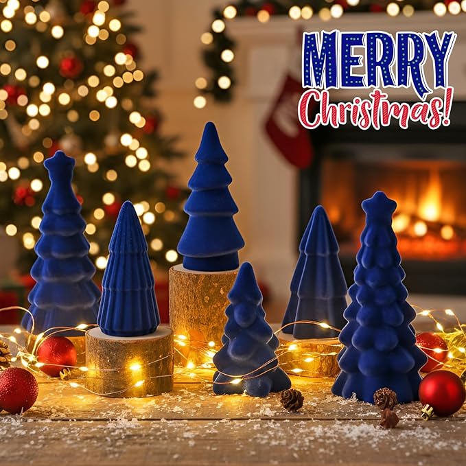Bucherry 6 Pcs Christmas Ceramics Velvet Trees Set Christmas Table Decorations 3 Sizes Velvet Xmas Tree for Winter Holiday Table Centerpiece Decorations Mantel Decor Xmas Gifts(Blue)