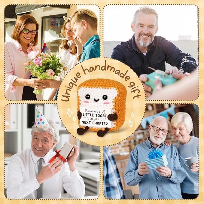 Funny Retirement Gifts for Women Men - Mini Positive Handmade Crochet Toast with Retirement Card“Next Chapter”, Cute Retired Present Desk Decor Keepsake for Coworker Teacher Boss Mom Dad