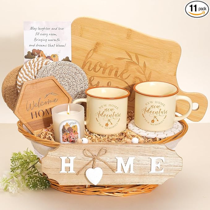 House Warming Gifts New Home,New Home Gifts Ideas,Housewarming Gift,Closing Gift for Home Buyers,House Warming Basket with Mugs Cutting Board Candle