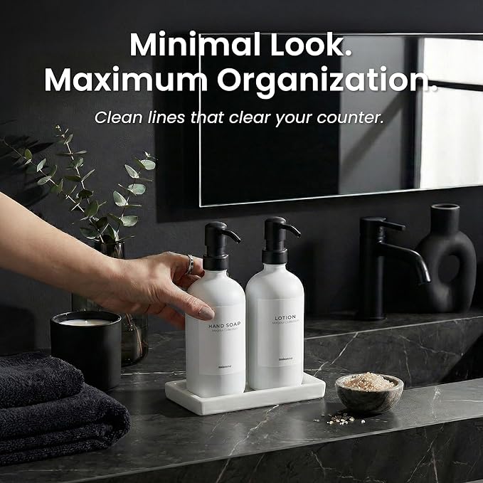 MaisoNovo Bathroom Soap Dispenser Set - Soap and Lotion Dispenser Set with White Soap Dispenser, Black Pumps & Concrete Tray