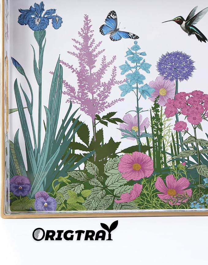 Serving Tray with Handles, Rectangular Plastic Tray 15.75x11.81 Inch, Wildflower, Butterflies & Hummingbirds Style Decorative Tray for Kitchen, Dining Table, Vanity, Office & Home