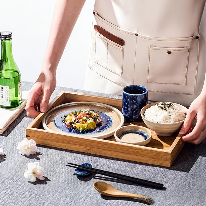 UNICASA Sushi Dinnerware Set,7Pcs Japanese Style Sushi Plate Serving Set, Includes 8 Inch Round Plate, 4.5 Oz Dipping Bowl, 3 Oz Dip Bowl, Spoon, Chopsticks and Rest