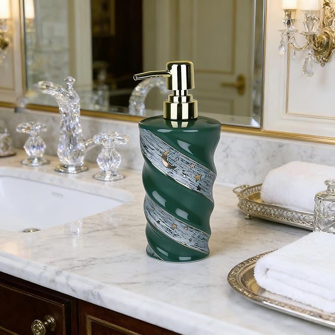 Bathroom Soap Dispenser, Large Capacity Ceramic Dispenser with Spiral Galaxy Design - Refillable Press Pump Bottle for Bathroom & Kitchen (14oz, Green)