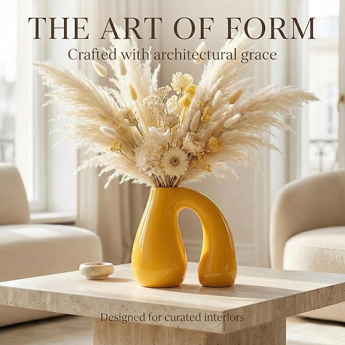 Yellow Ceramic Decorative Pitcher Vase, 7.5 in – Glossy Sculptural Arch-Handle, Modern Home Décor Accent for Fresh or Dried Floral Arrangements, Table/Shelf/Entryway, Giftable