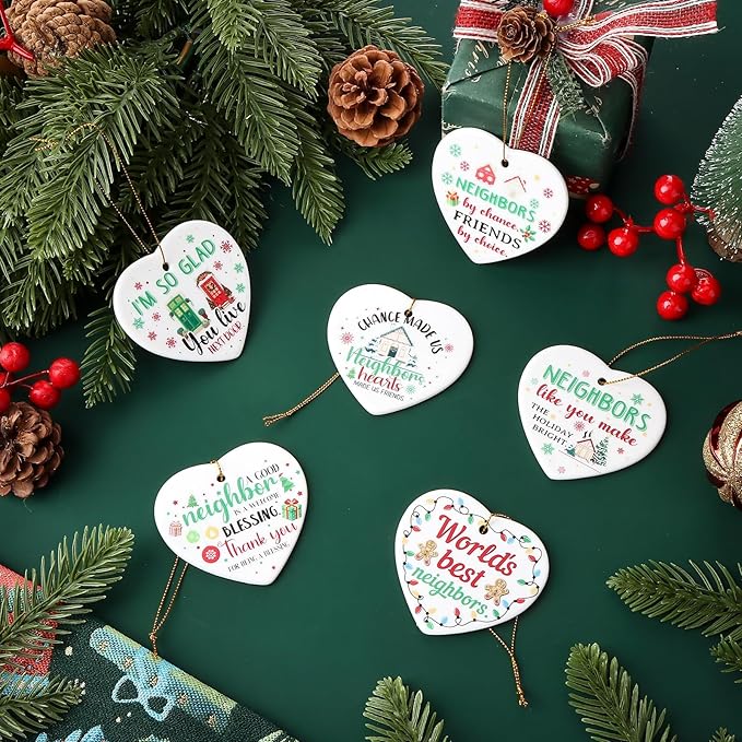 12 Set Neighbor Gifts Ceramic Christmas Best Neighbor Ornament Gift with Rope Xmas Tree Decorations Heart-Shaped Hanging Housewarming Gift for Neighbors Appreciation